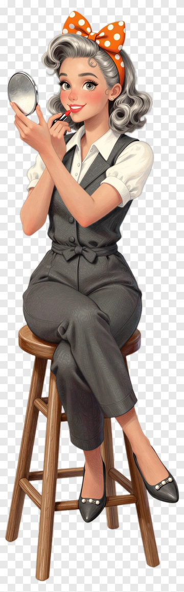 Stylish Woman Applying Makeup In A Vintage Outfit PNG