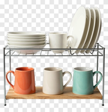 Dish Rack With Plates And Colorful Mugs PNG