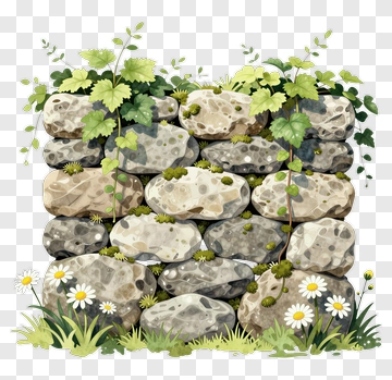 Stone Wall With Green Vines And Flowers PNG