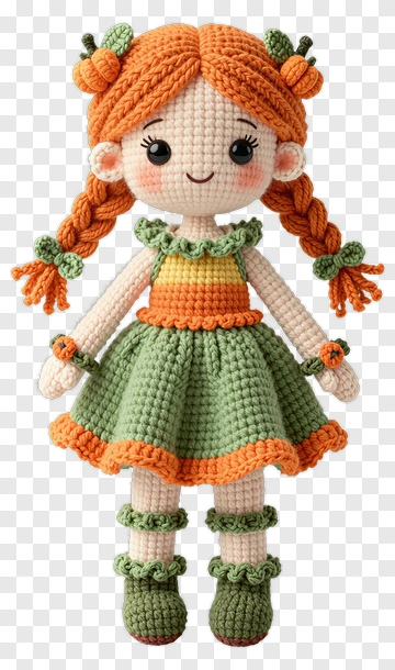 Crochet Doll With Orange Hair And Green Dress PNG