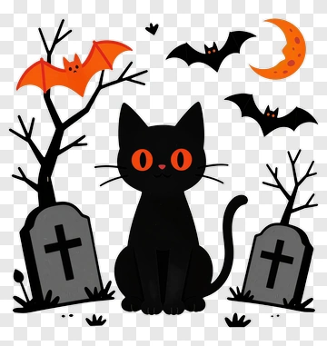 Halloween Black Cat With Bats And Tombstones PNG