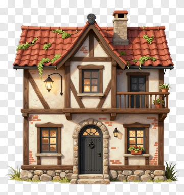 Charming Cottage With Red Roof And Stone Details PNG