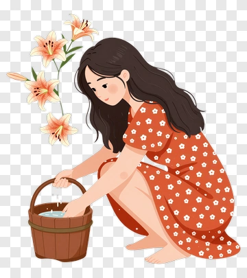 Woman Squatting With A Basket Of Water And Flowers PNG