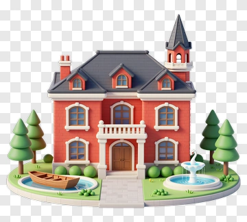 3D Mansion With Fountain And Trees PNG