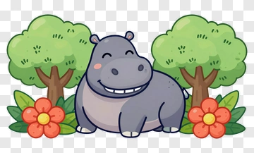 Cartoon Hippo In A Garden With Trees And Flowers PNG
