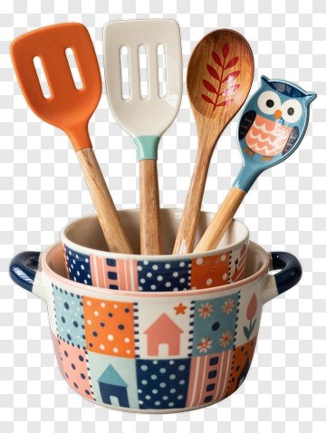 Colorful Kitchen Utensil Holder With Spatulas And Spoons PNG