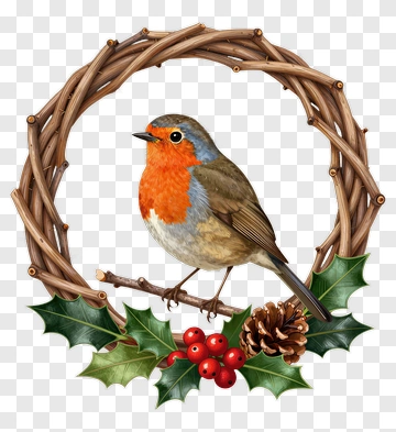 Robin Bird In A Wreath With Holly And Pine Cone PNG