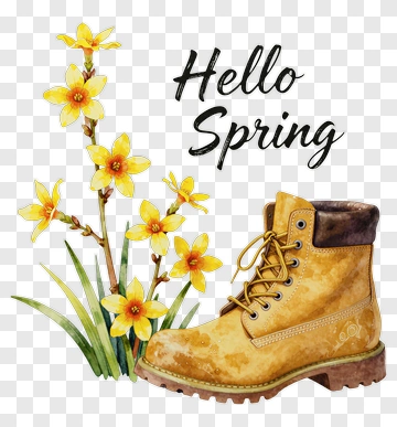 Hello Spring With Yellow Flowers And Boot PNG