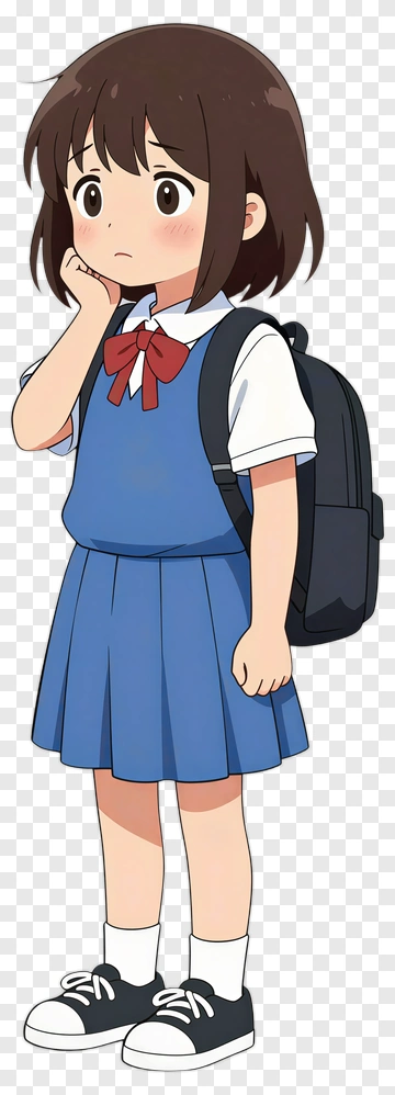 School Girl With Backpack Looking Pensive PNG