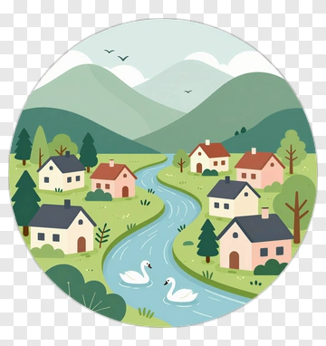 Scenic Village Landscape With River And Swans PNG