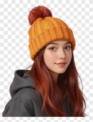 Young Woman Wearing An Orange Knit Beanie PNG