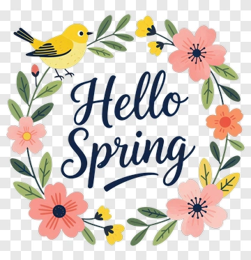 Hello Spring Floral Wreath With Yellow Bird PNG