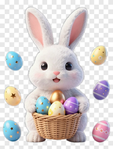 3D Easter Bunny Holding A Basket Of Colorful Eggs PNG