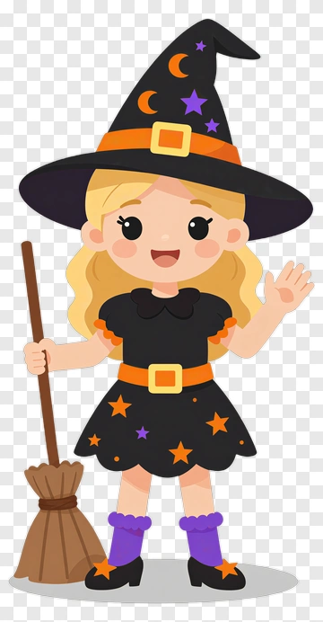 Cartoon Witch Holding A Broom PNG