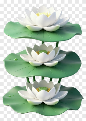 Three White Lotus Flowers On Green Leaves PNG