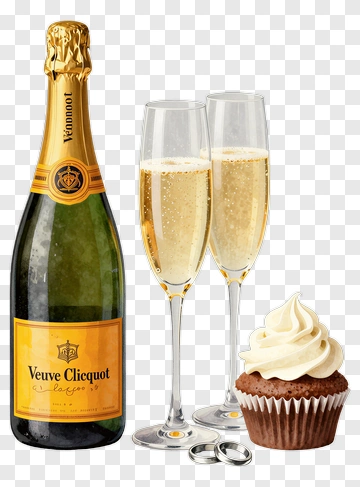 Veuve Clicquot Champagne With Flutes And Cupcake PNG