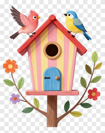 Colorful Birdhouse With Birds And Flowers PNG
