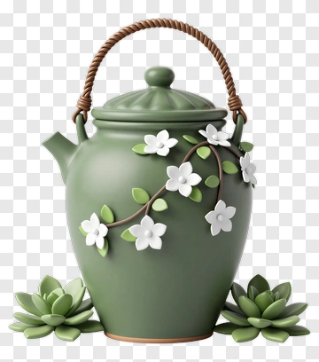 Decorative Green Teapot With Flowers And Succulents PNG