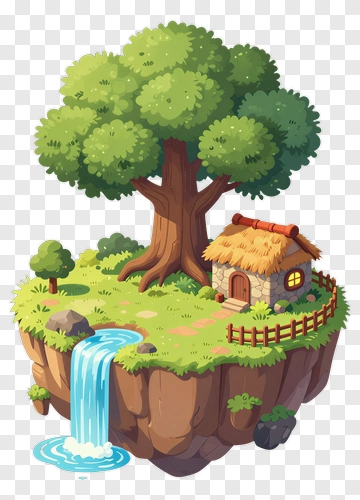 Cartoon Tree With House And Waterfall PNG