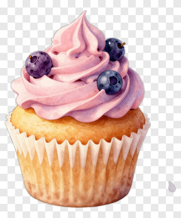 Cupcake With Blueberries And Pink Frosting PNG