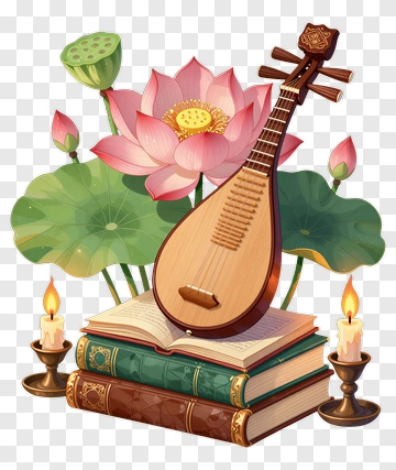 Musical Instrument With Lotus Flowers And Books PNG