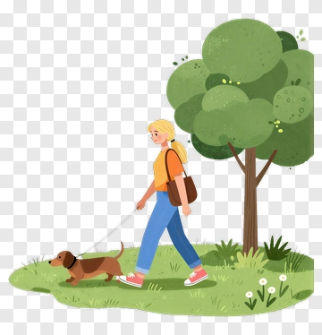 Woman Walking A Dog In A Park PNG