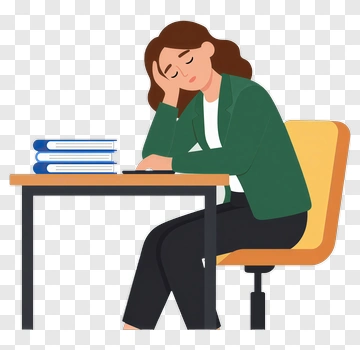 Woman Sitting At Desk With Books Looking Tired PNG