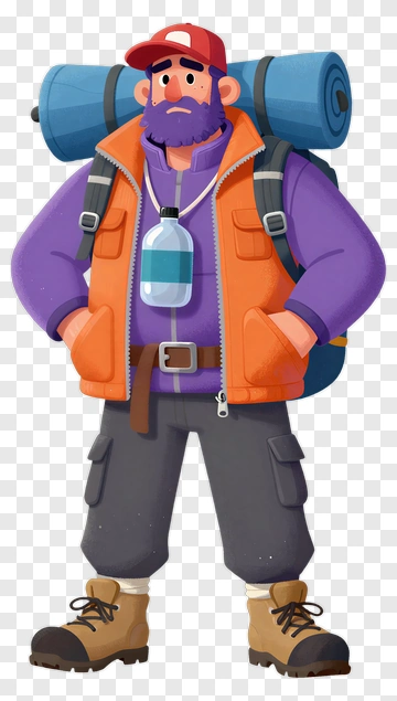 Cartoon Hiker With Backpack And Water Bottle PNG