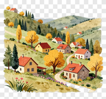 Scenic Countryside With Colorful Houses And Trees PNG