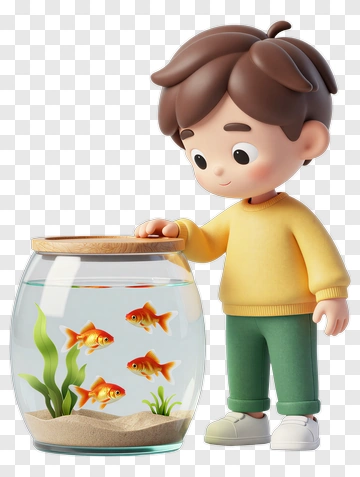 Cartoon Boy Observing Goldfish In A Fish Bowl PNG