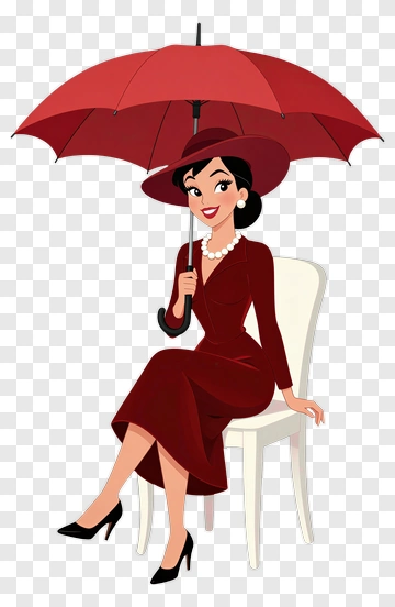 Cartoon Woman Sitting With A Red Umbrella PNG