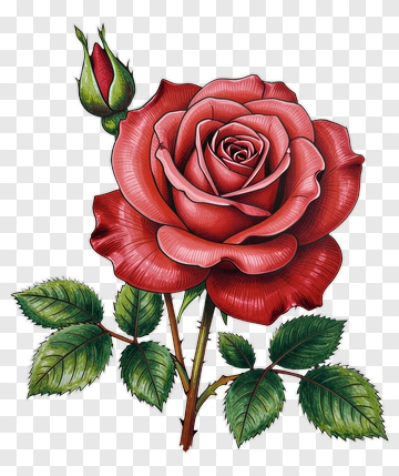 Red Rose With Bud And Leaves PNG