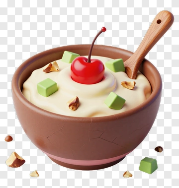 3D Bowl Of Creamy Dessert With Cherry And Nuts PNG