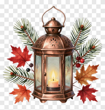 Copper Lantern Surrounded By Autumn Leaves And Pine Branches PNG