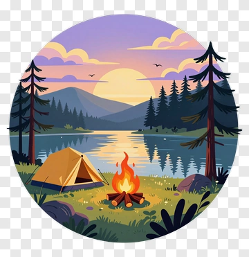 Camping Scene With Tent And Campfire By The Lake PNG