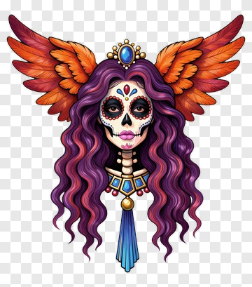 Colorful Skull With Wings And Jewelry PNG