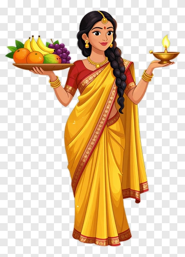 Woman In Yellow Saree Holding Fruits And A Lamp PNG