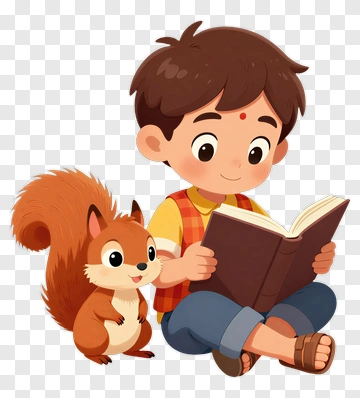 Cartoon Boy Reading A Book With A Squirrel PNG