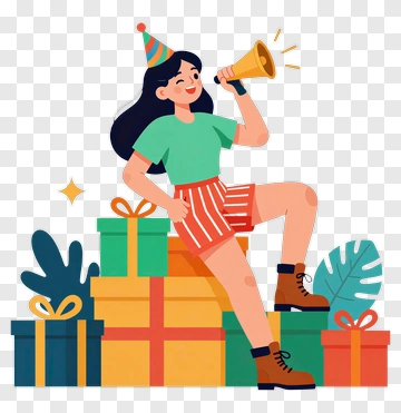 Celebrating Woman Holding A Megaphone With Gift Boxes PNG