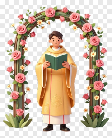 3D Priest Holding A Book Under A Floral Arch PNG