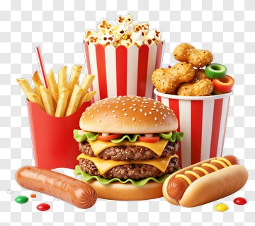 Fast Food Meal With Burgers, Fries, And Popcorn PNG