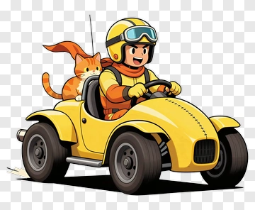 Cartoon Boy Driving A Go-Kart With A Cat PNG