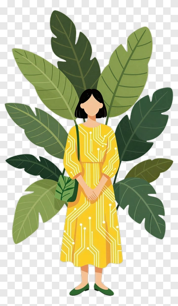 Woman In Yellow Dress Surrounded By Green Leaves PNG