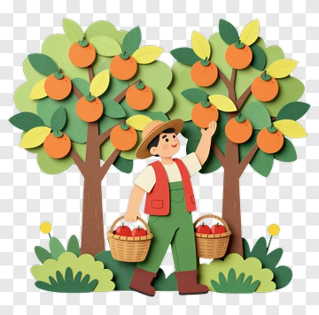 Farmer Picking Oranges From Trees PNG