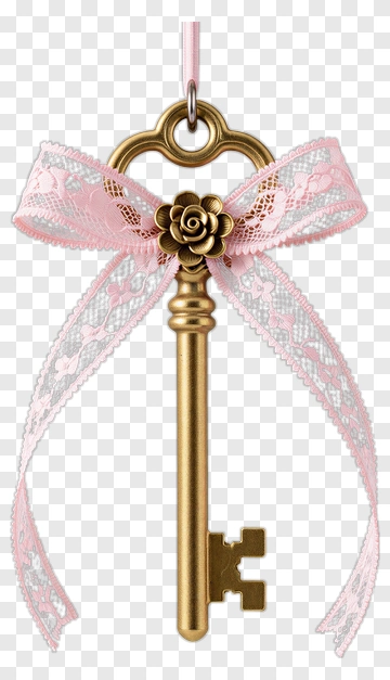 Vintage Key With Pink Ribbon And Rose PNG