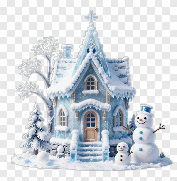 Winter House With Snowman And Snowy Trees PNG