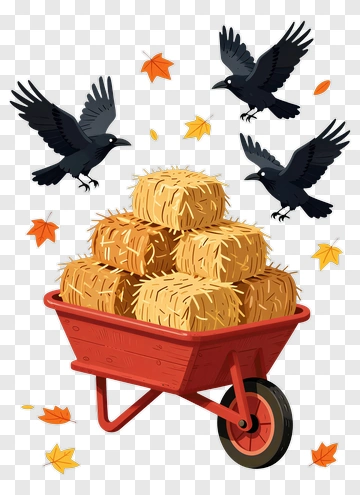 Hay Bales In A Wheelbarrow Surrounded By Crows PNG