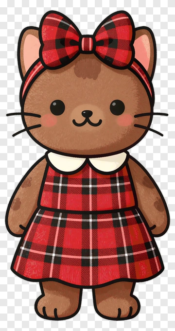 Cartoon Cat In A Red Plaid Dress PNG
