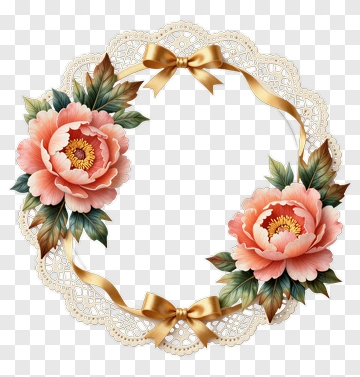 Floral Wreath With Pink Flowers And Ribbons PNG