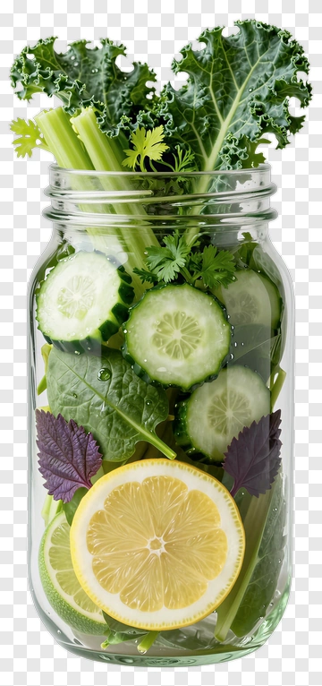 Fresh Vegetable Jar With Lemon And Greens PNG